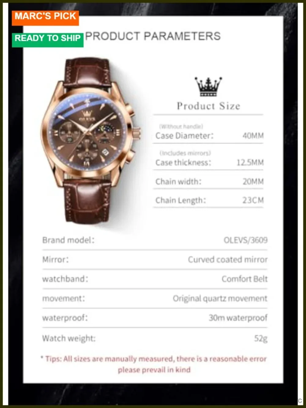 Men's Leather Analog Quartz Chronograph Wristwatch with Date Luminous Dress